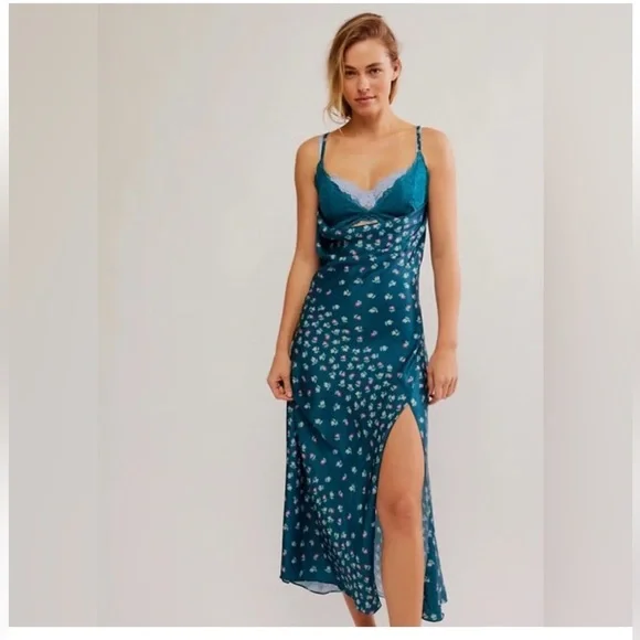 Teal Floral Slip Dress - Picture 3 of 8